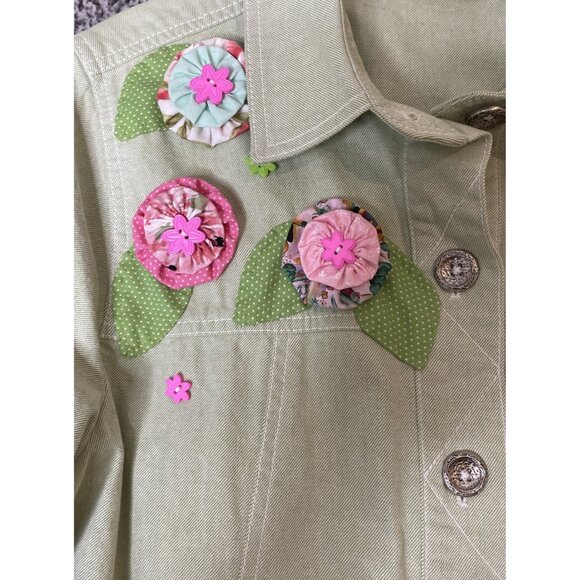 Susan Graver‎ Large Sage Green Denim Embroidered Jacket Floral Patchwork Boho - Picture 3 of 8